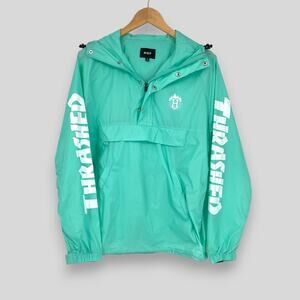 HUF x Thrasher Teal Windbreaker Pullover Anorak Hooded Jacket Size Small